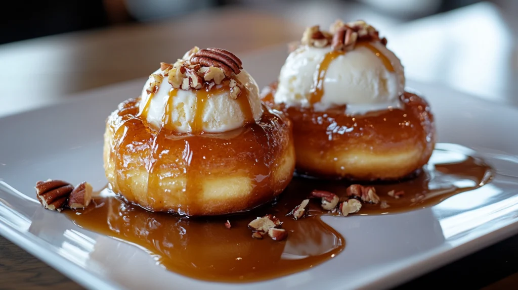 Plated apple donuts with golden syrup glaze and vanilla ice cream, drizzled with caramel and sprinkled with pecans.