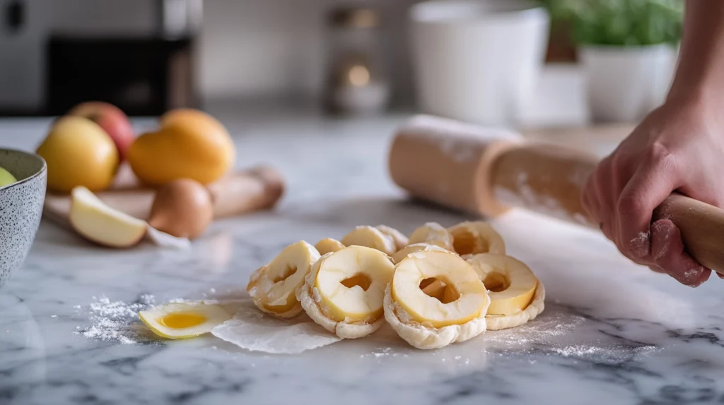 Apple rings being wrapped in puff pastry on a marble countertop with egg wash and a rolling pin in the background.