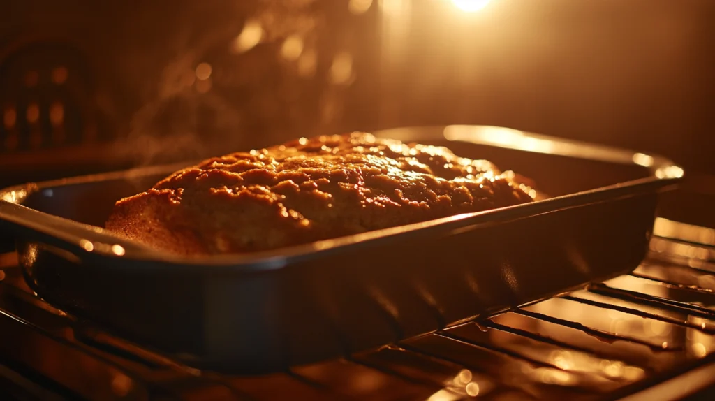 Banana bread batter rising in a loaf pan inside an oven, glowing golden under warm oven light