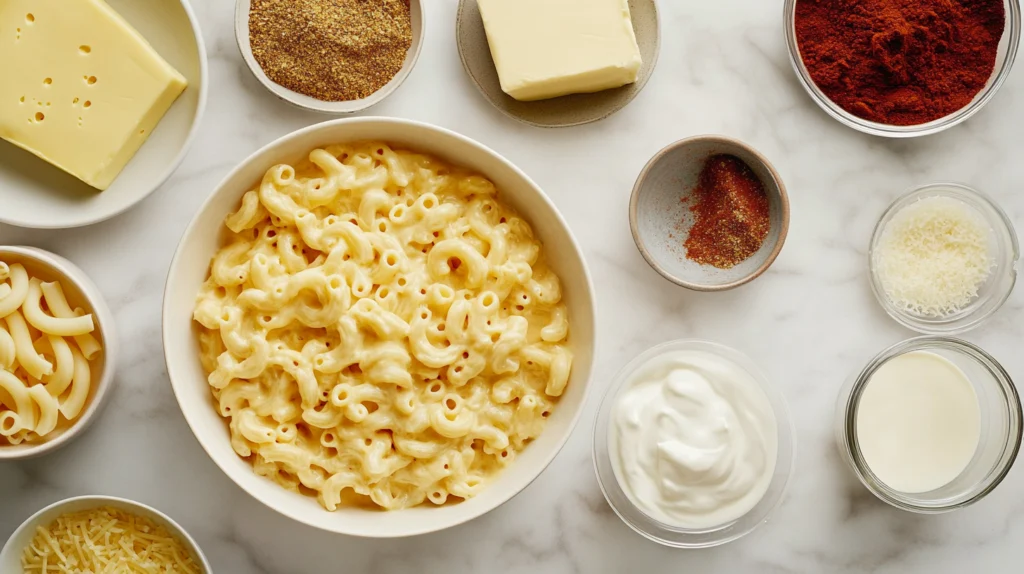 Neatly arranged ingredients for mac and cheese on a white marble counter, including shredded cheeses and spices.