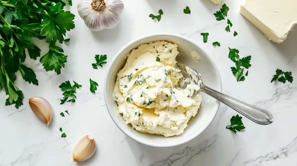  Creamy garlic butter being mixed with fresh parsley and minced garlic on a marble countertop