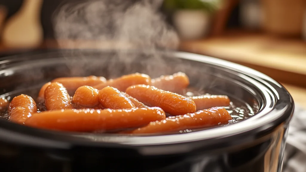 Crockpot glazed carrots simmering in a bubbling brown sugar and maple glaze, creating a glossy and tender finish.