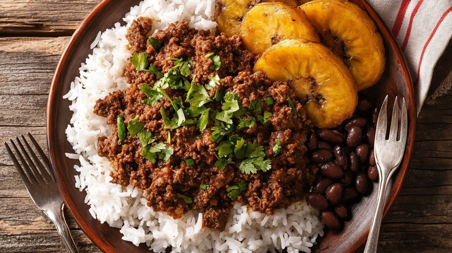 Cuban Picadillo served over white rice with fried plantains and black beans, garnished with parsley on a rustic table.