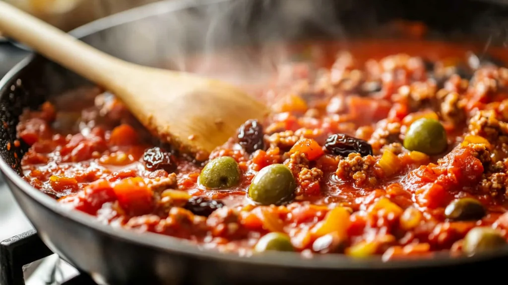 Cuban Picadillo simmering in a skillet with ground beef, tomato sauce, raisins, and green olives for perfect Cuban Picadillo Recipe