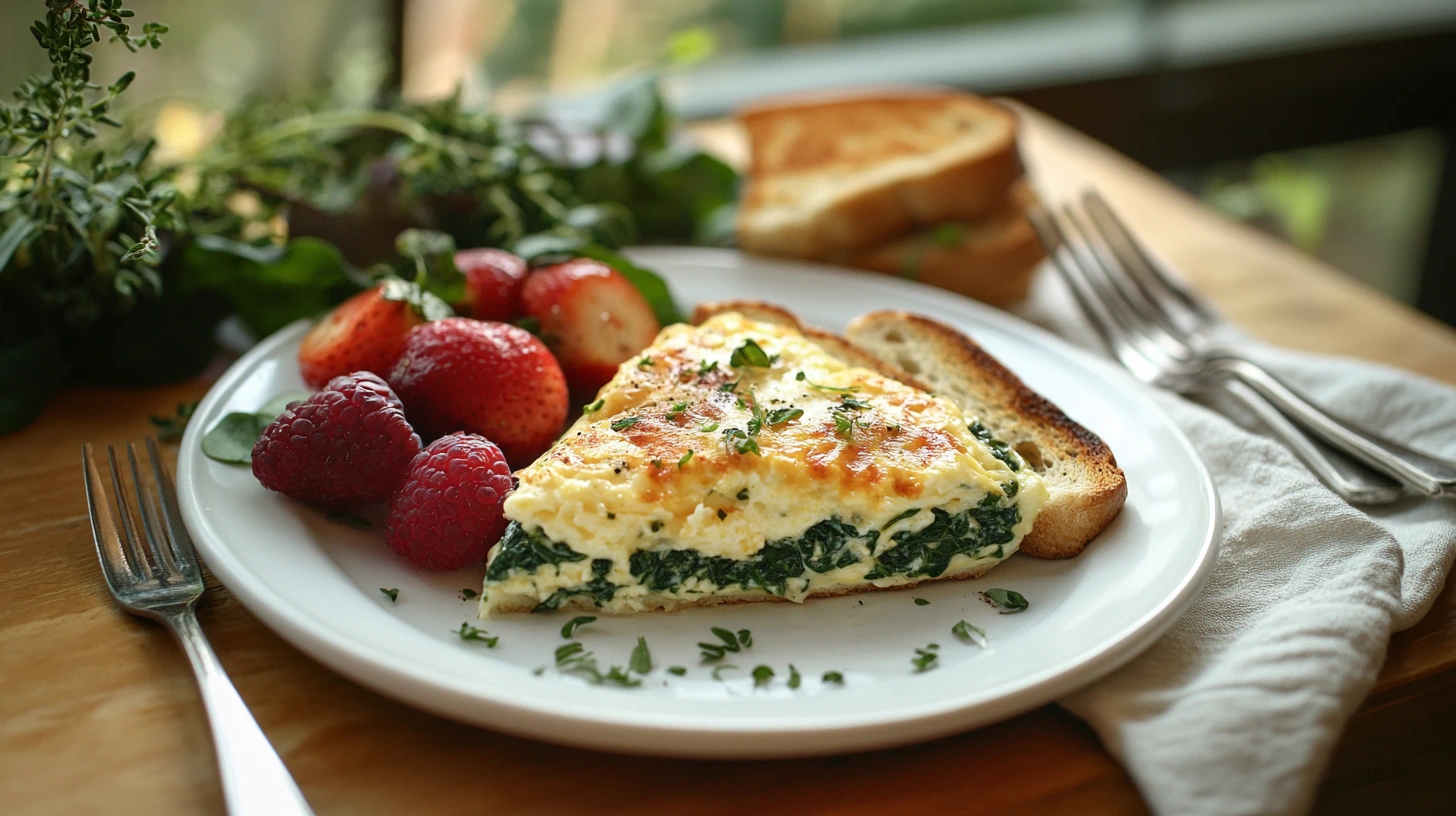 Close-up of a spinach egg bake with golden-brown edges, vibrant spinach, and melted cheese in a white baking dish.