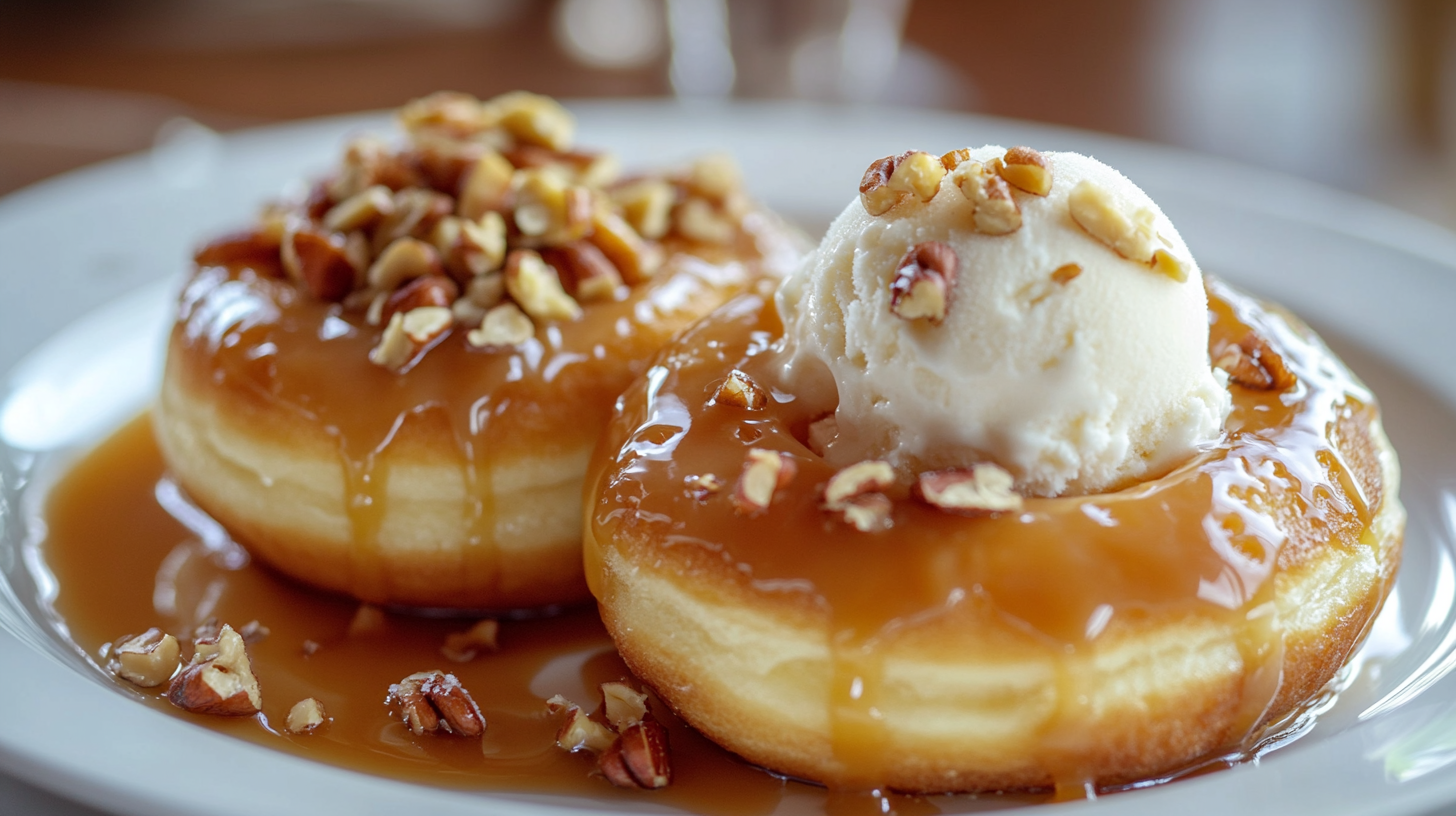 Plated apple donuts with golden syrup glaze and vanilla ice cream, drizzled with caramel and sprinkled with pecans.