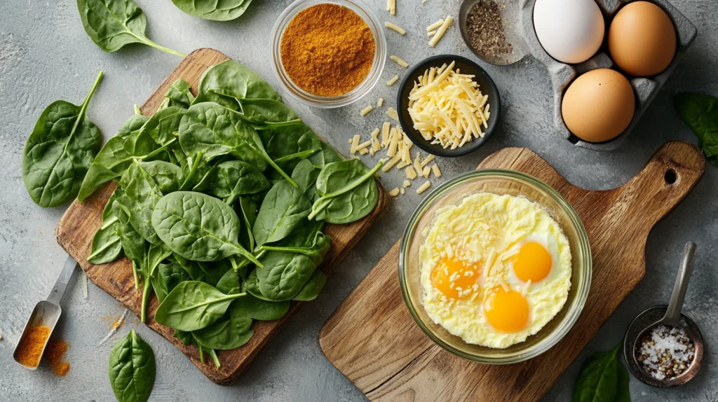 Fresh ingredients for spinach egg bake: spinach leaves, whisked eggs, shredded cheese, and seasonings on a wooden board.