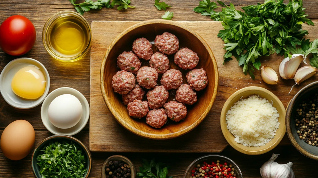 Fresh ingredients formini meatballs recipe Italian , including ground beef, pork, breadcrumbs, Parmesan, and seasonings, arranged on a wooden cutting board.