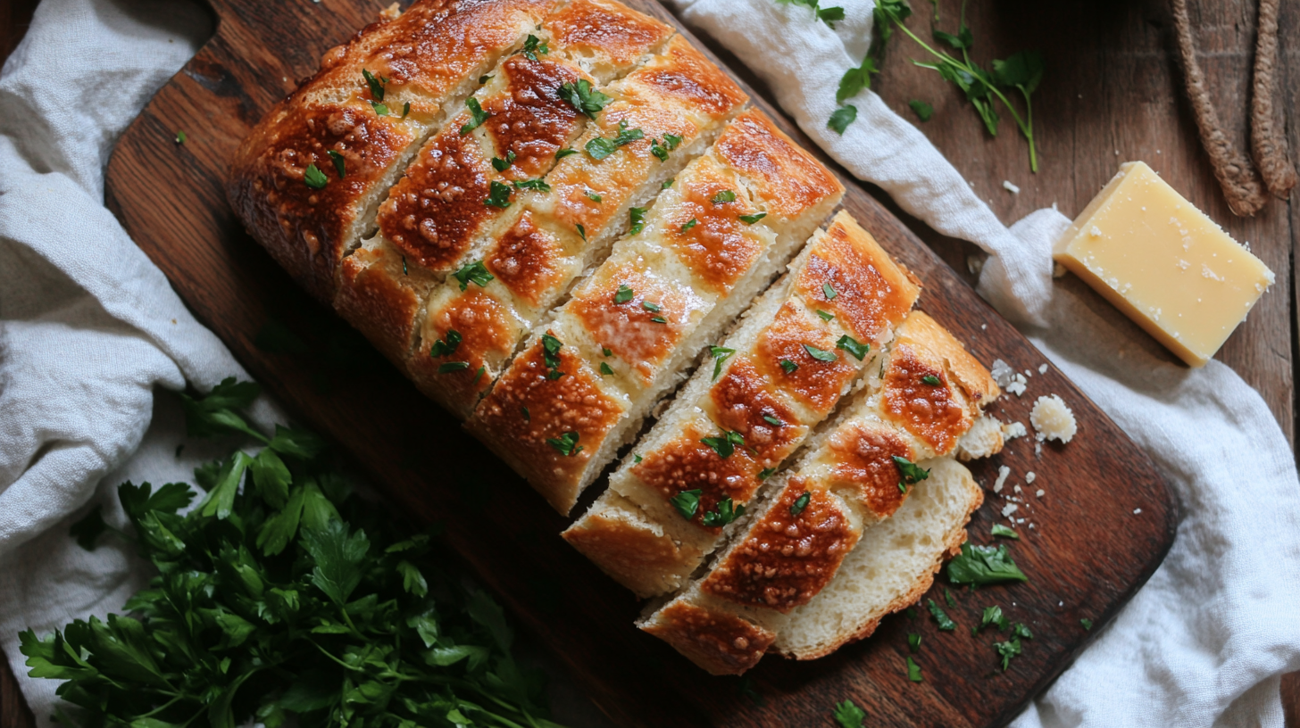 Freshly baked sourdough garlic bread with golden-brown crust and parsley garnish on a wooden board.