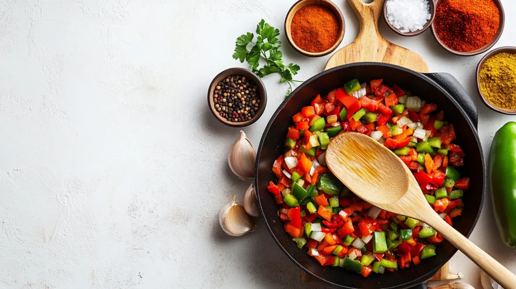 Freshly sautéed sofrito of garlic, onions, and green bell peppers in a skillet with a wooden spoon nearby to prepare Cuban Picadillo Recipe