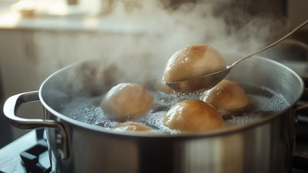 Onion bagels boiling in a pot of water, with a slotted spoon lifting one out.