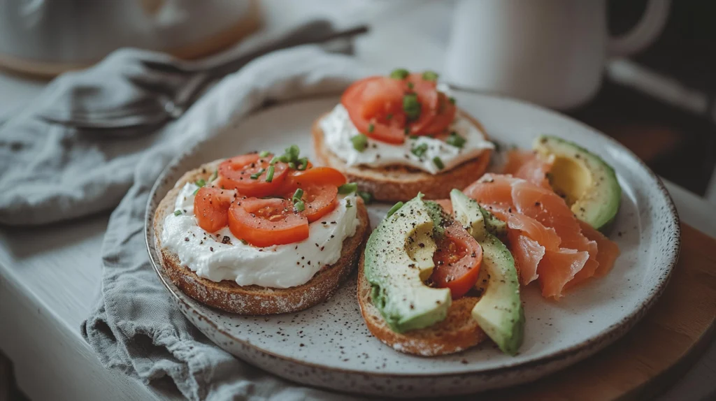  Sliced onion bagels topped with cream cheese, chives, avocado, and tomato, served with smoked salmon.