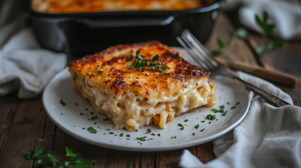 A serving of mac and cheese on a white plate with gooey cheese pulls, garnished with paprika and parsley.