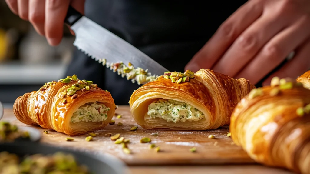 Close-up of a flaky pistachio croissant filled with creamy pistachio filling and topped with chopped pistachios, placed on a wooden cutting board.