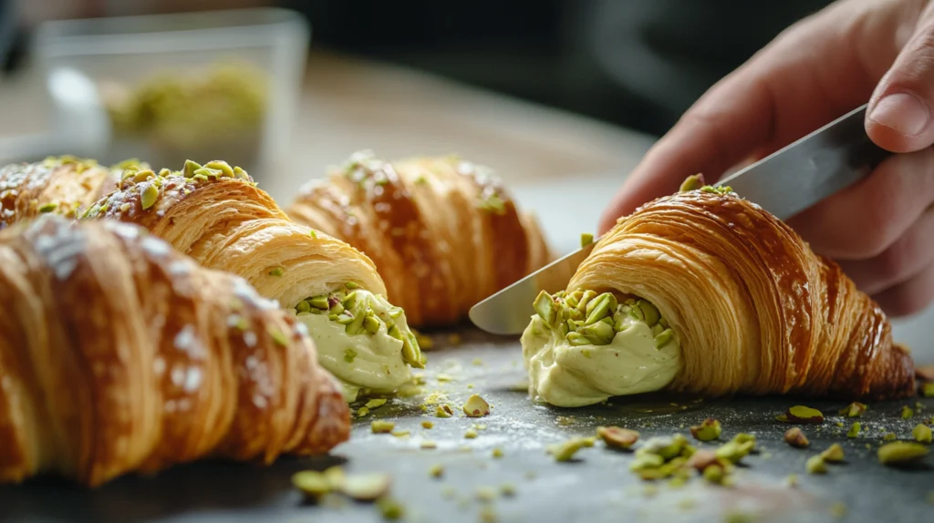 A plate of freshly baked pistachio croissants garnished with chopped pistachios and powdered sugar, placed on a rustic table.