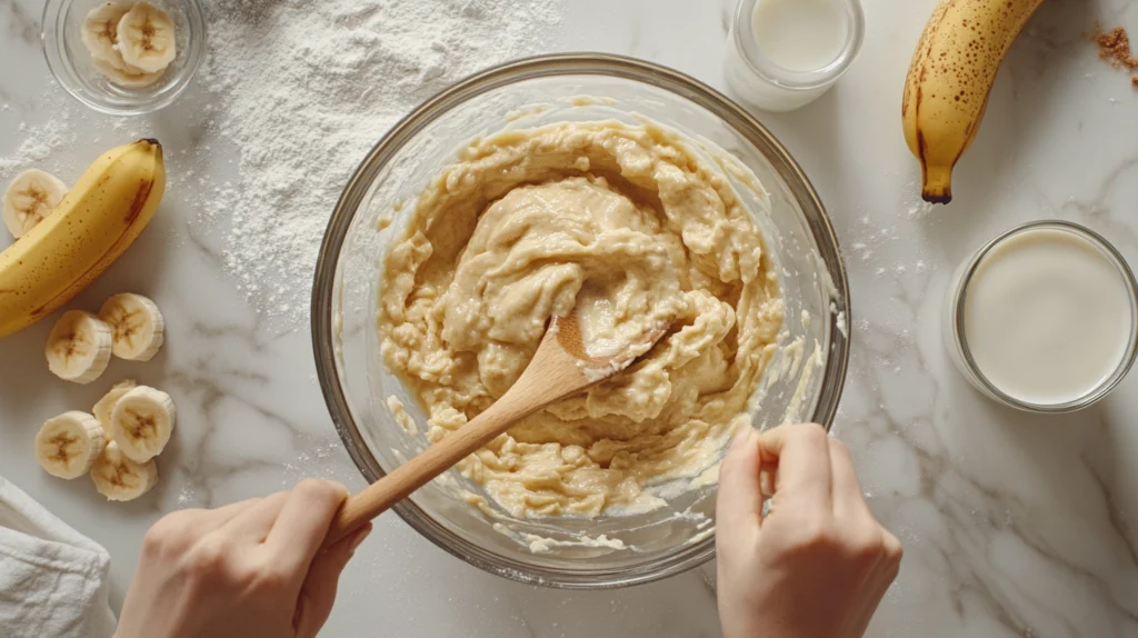 Hands mixing batter for 3 ingredient banana bread in a bowl with visible bananas, flour, and milk on a countertop