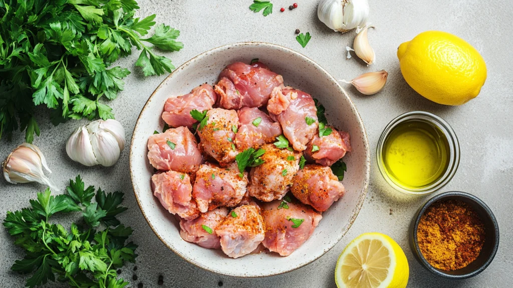 Ingredients for Lebanese chicken shawarma, including marinated chicken, garlic, olive oil, lemon, and spices