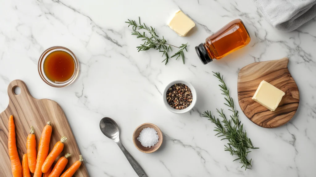 Ingredients for crockpot glazed carrots on a marble countertop, featuring baby carrots, brown sugar, butter, maple syrup, and spices.