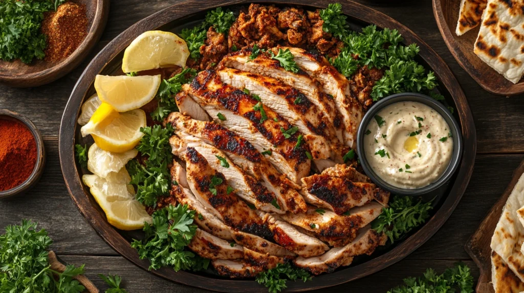  Lebanese chicken shawarma on a platter with garlic sauce, pita bread, and fresh parsley