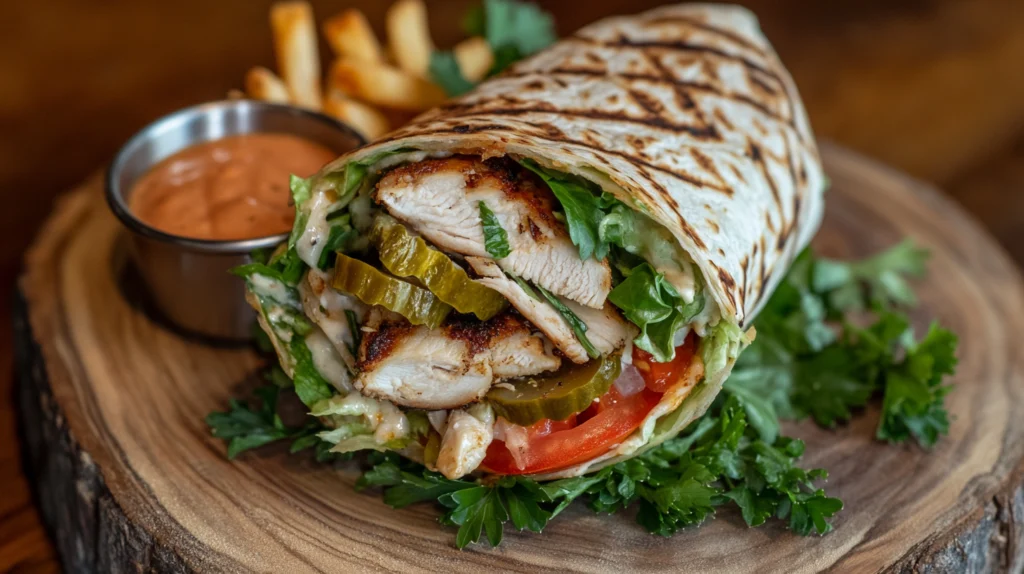 Lebanese chicken shawarma wrap filled with chicken, vegetables, and garlic sauce, served on a wooden board