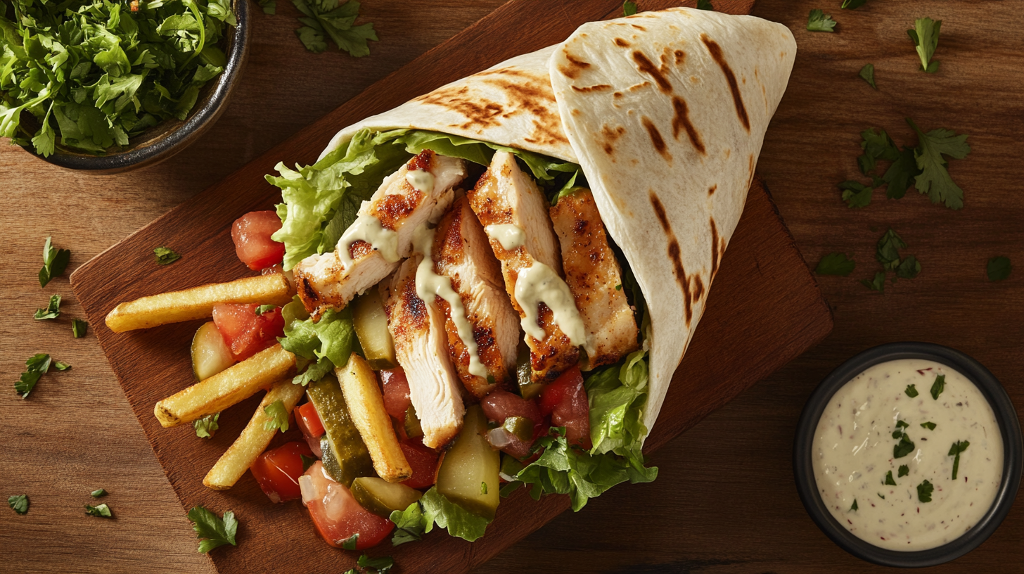 Lebanese chicken shawarma wrap filled with chicken, vegetables, and garlic sauce, served on a wooden board