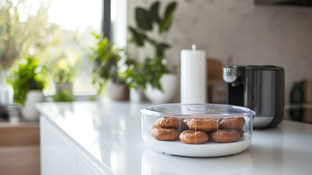 Leftover apple donuts stored in an airtight container with an air fryer visible in the background.