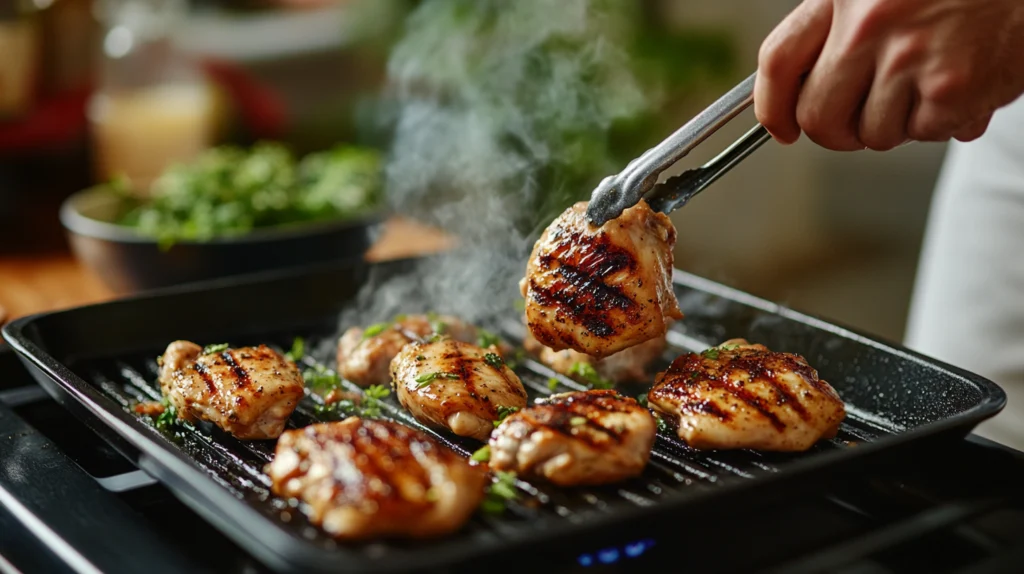 Marinated chicken thighs grilling on a stovetop pan with visible grill marks and a bowl of marinade