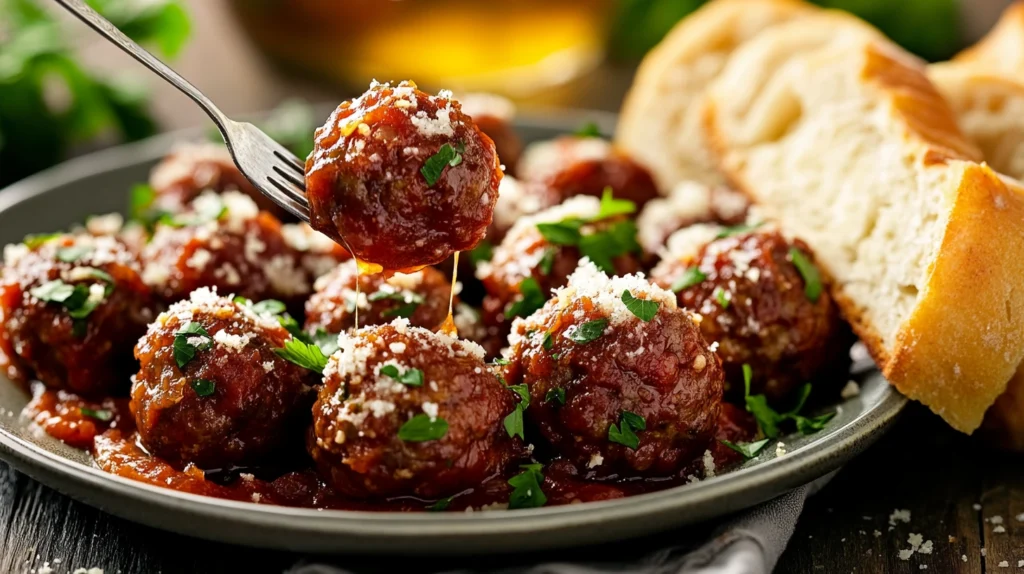 Mini Italian meatballs served with marinara sauce, topped with Parmesan and parsley, with a fork lifting one to show its juicy texture.