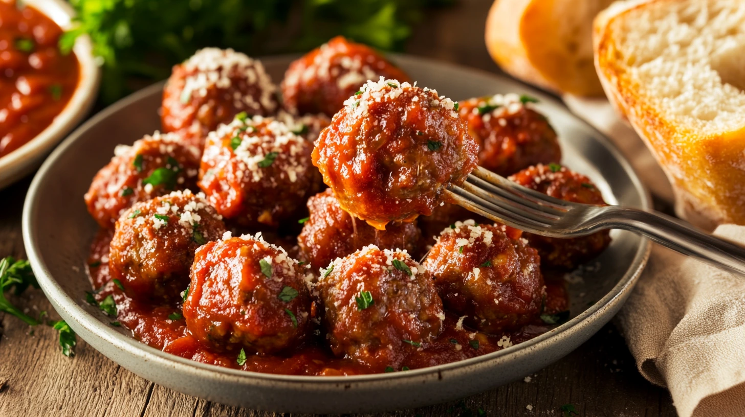 Mini Italian meatballs served with marinara sauce, topped with Parmesan and parsley, with a fork lifting one to show its juicy texture.