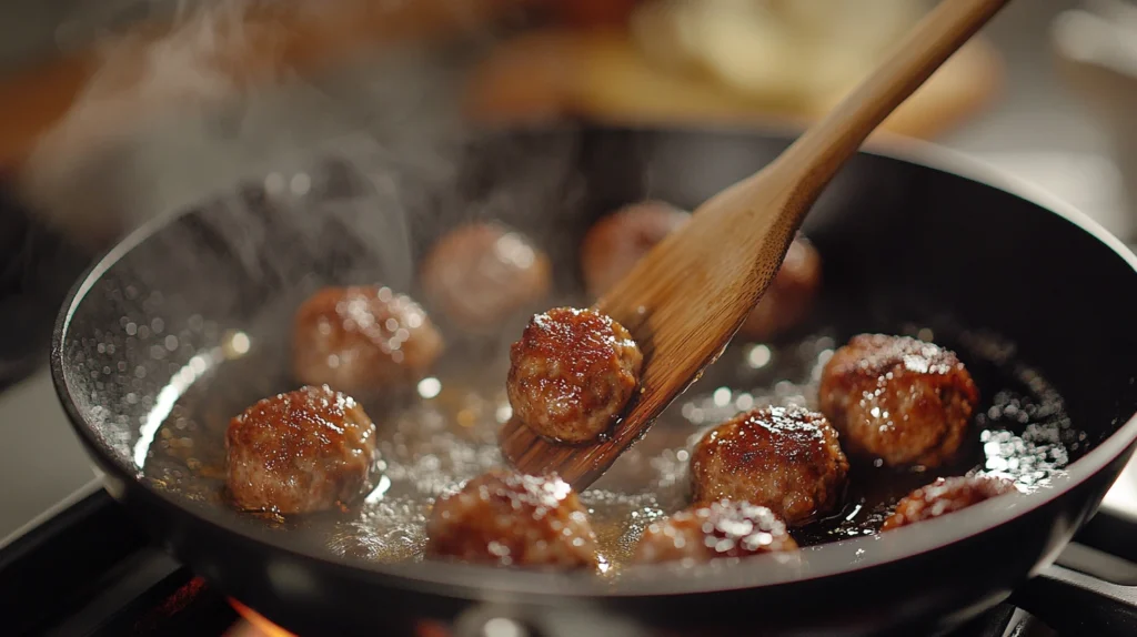 Mini Italian meatballs sizzling in a frying pan, turning golden brown while cooking in olive oil 