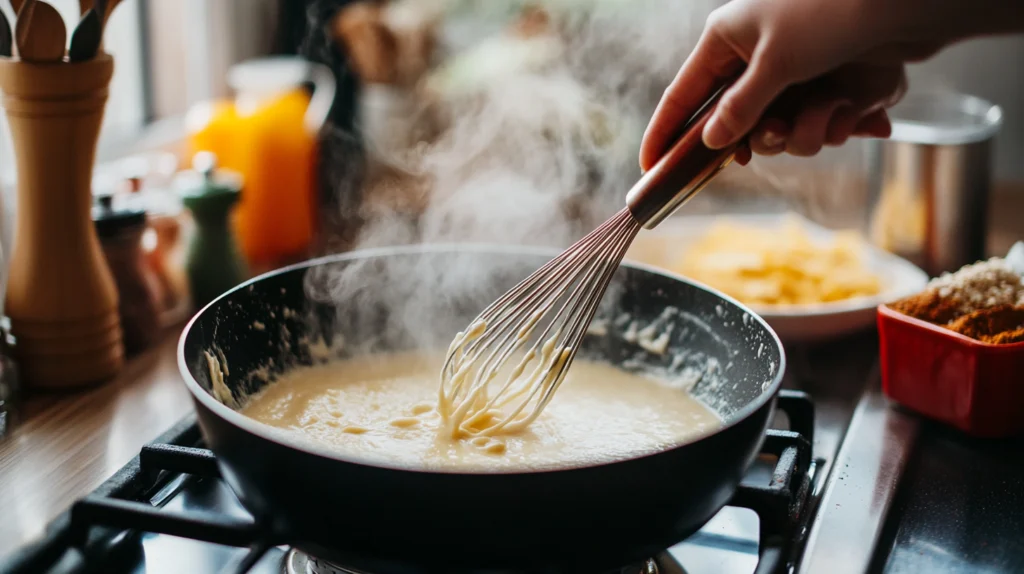 Close-up of a hand whisking a creamy roux in a saucepan with cheese and spices in the background.