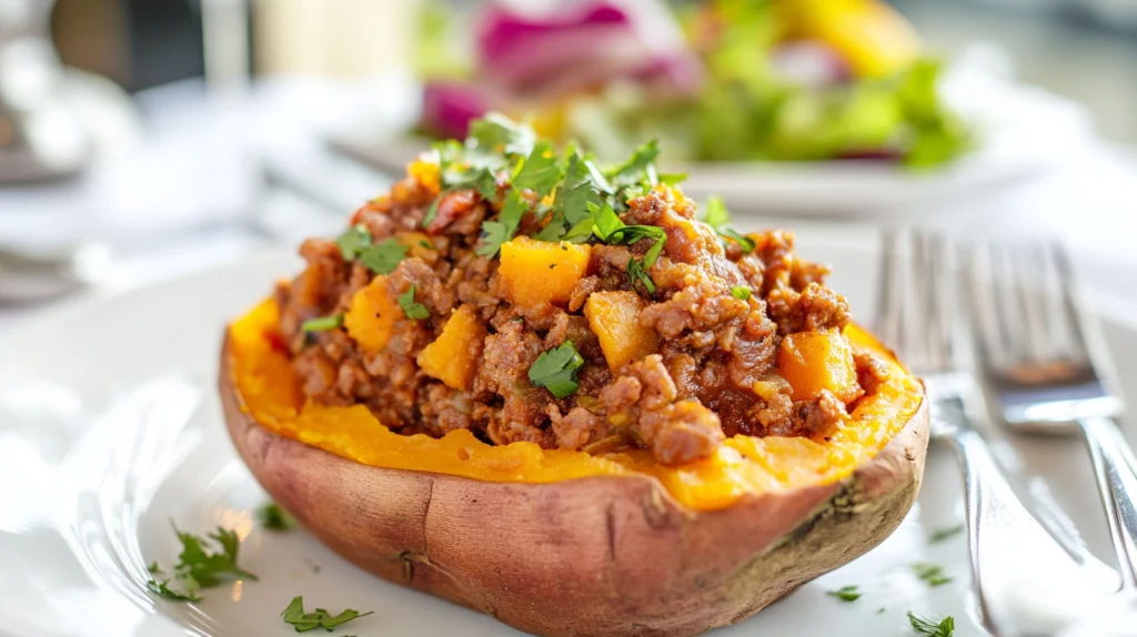 for more idea of Cuban Picadillo recipe ; Roasted sweet potato filled with Cuban Picadillo