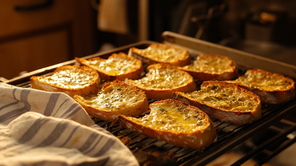 Slices of sourdough garlic bread fresh out of the oven, golden and crispy with melted butter and herbs.