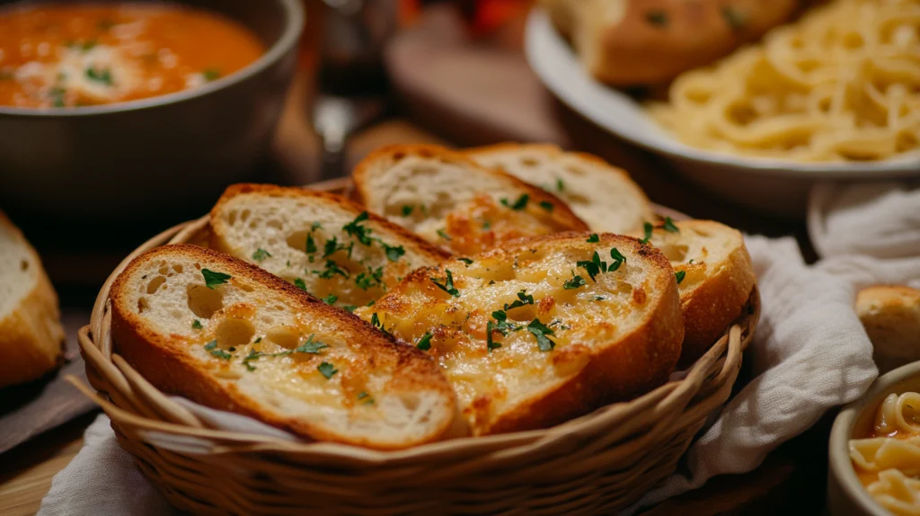  Sourdough garlic bread served in a basket, paired with tomato basil soup and creamy pasta for a comforting meal.