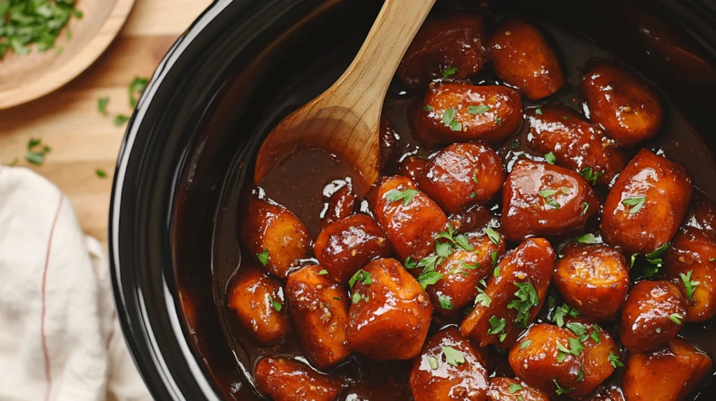 Sweet and buttery crockpot glazed carrots in a black slow cooker, garnished with parsley, with a rustic holiday setting.