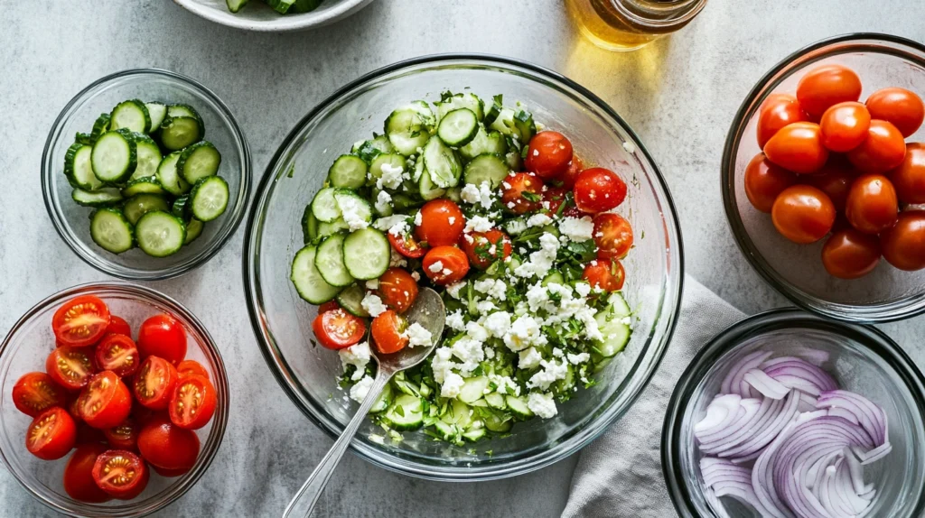 Partially assembled cucumber and tomato feta salad with fresh ingredients and a jar of dressing on the side.