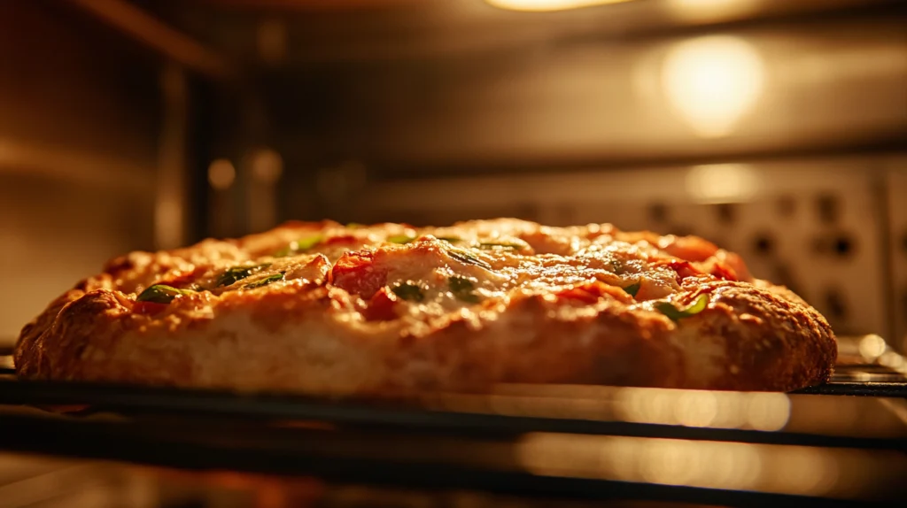 Tomato basil bread baking in the oven, with a golden crust and rising dough under warm oven lighT