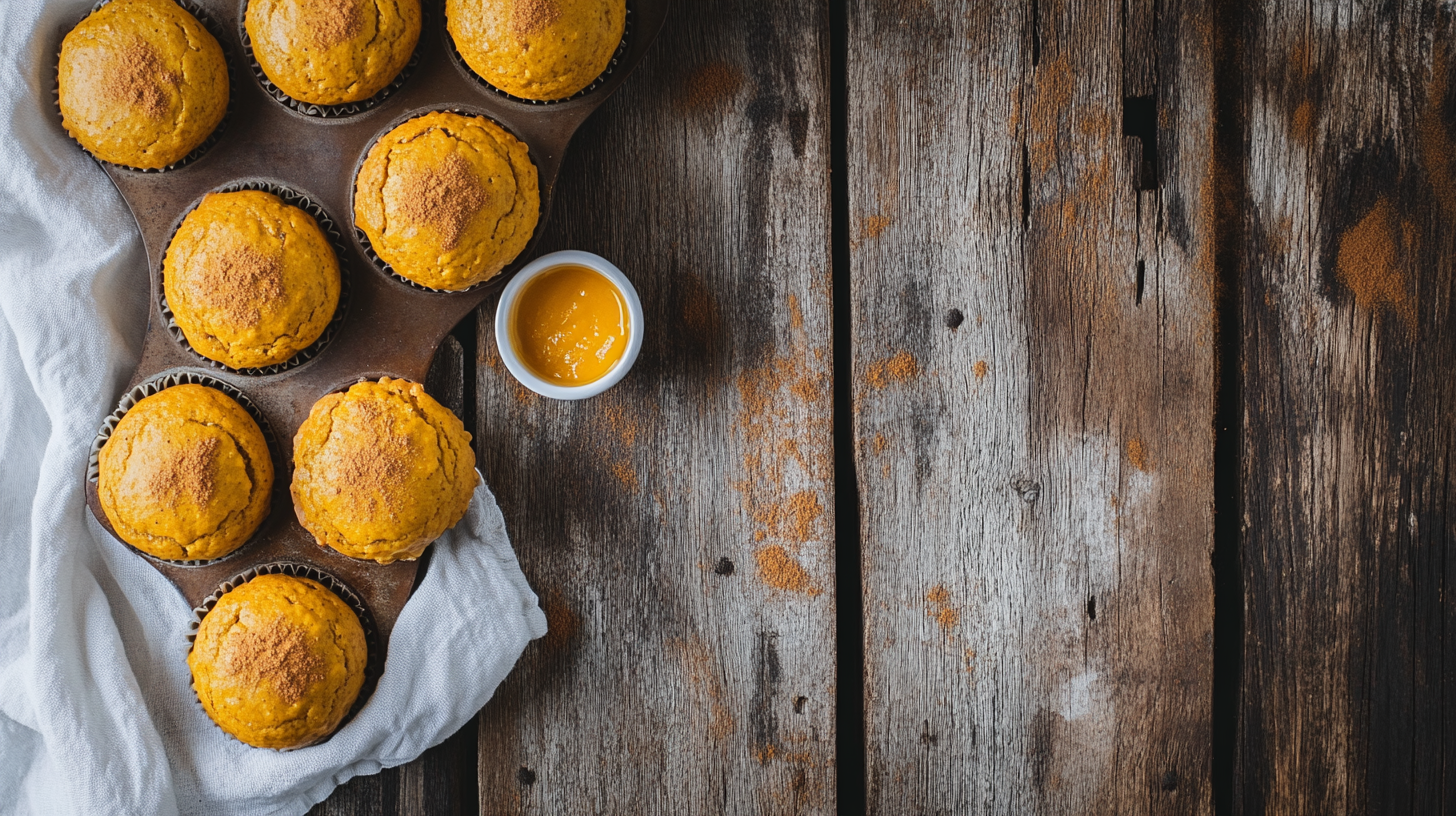 Freshly baked pumpkin protein muffins on a wooden table with pumpkin spice and a bowl of pumpkin puree