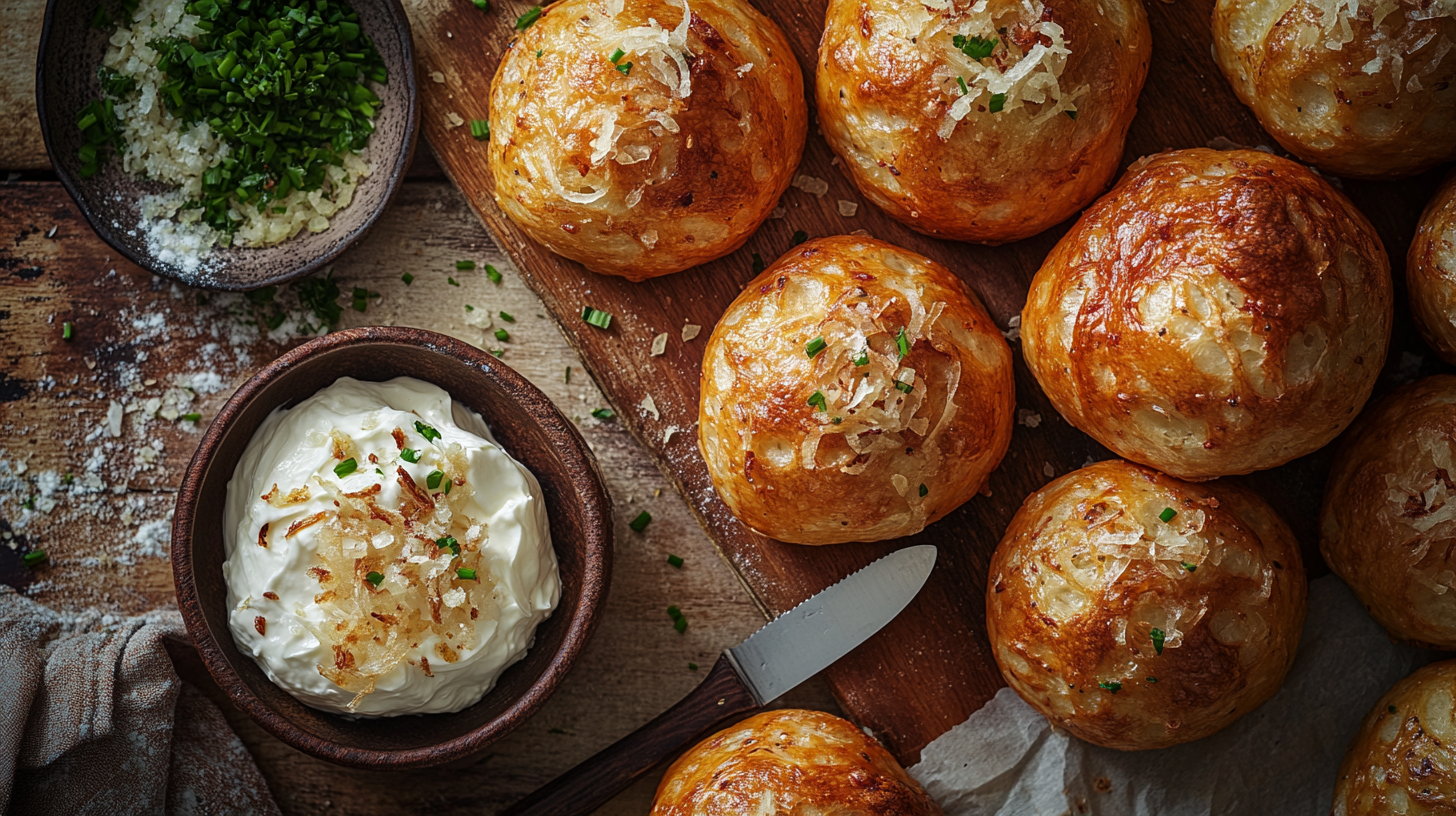 Freshly baked onion bagels topped with onion flakes on a wooden board, served with cream cheese.