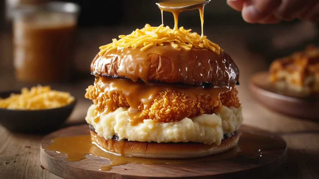 A close-up of assembling a KFC Boneless Chicken Mashed Potato Sandwich, with mashed potatoes, crispy chicken, cheese, and rich gravy.