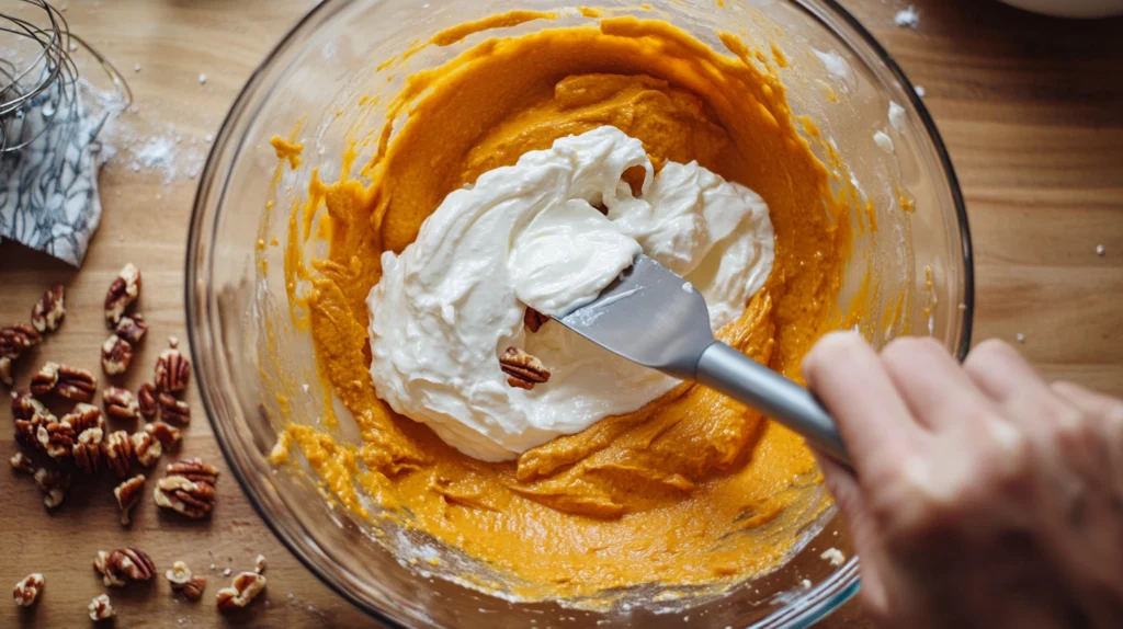  Whipped egg whites being folded into pumpkin waffle batter in a glass mixing bowl, surrounded by pecans and a whisk.