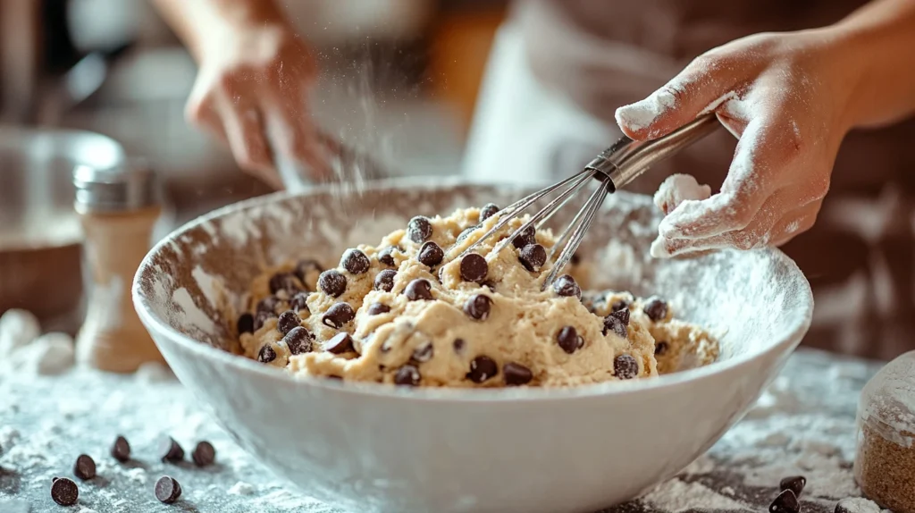 A baker mixing cookie dough filled with Nestle Toll House mini morsels, with flour and a whisk in the background.