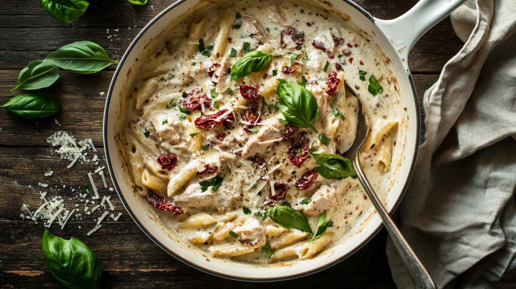 Marry Me Chicken Pasta served in a skillet with creamy garlic sauce, chicken, and sun-dried tomatoes, garnished with basil