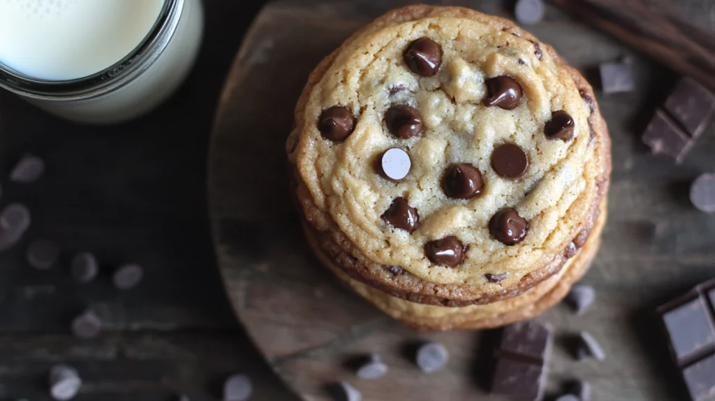 A stack of golden Nestle mini chocolate chip cookies with melty chocolate chips, accompanied by a glass of milk on a wooden table.