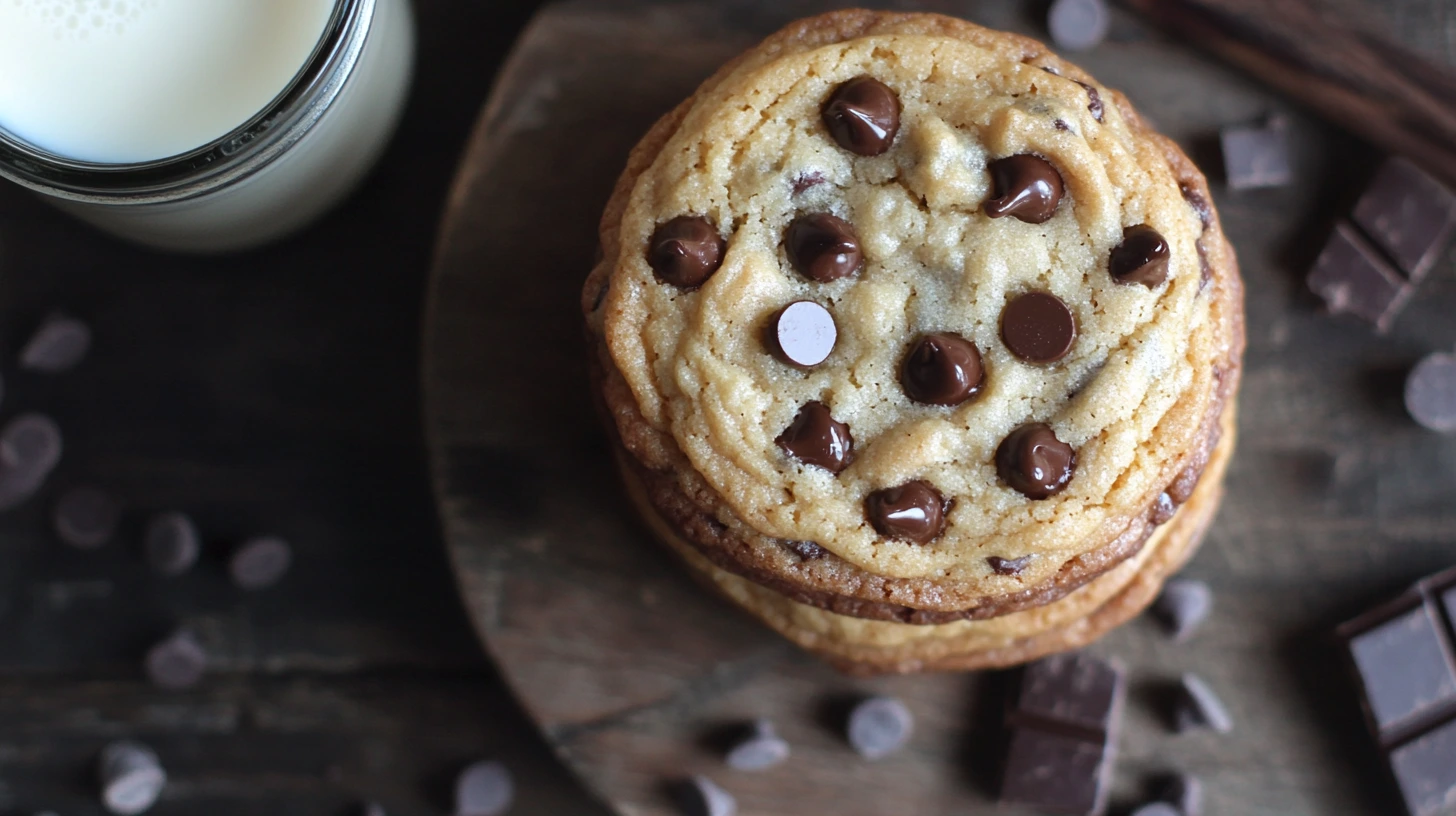 A stack of golden Nestle mini chocolate chip cookies with melty chocolate chips, accompanied by a glass of milk on a wooden table.