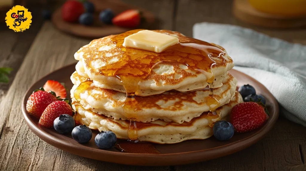 A stack of fluffy egg white pancakes topped with melting butter and maple syrup, surrounded by fresh berries on a rustic table