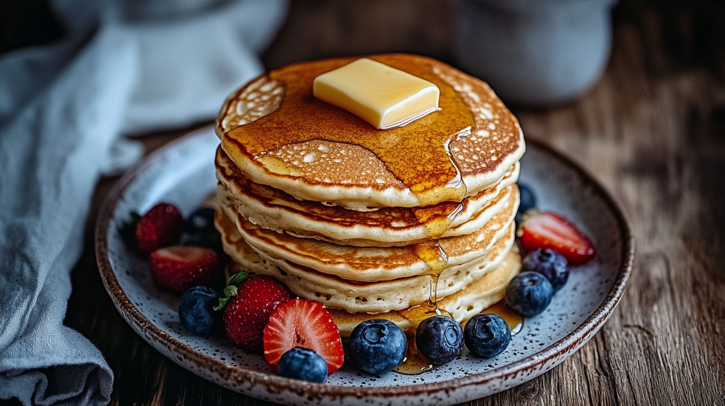 A stack of fluffy egg white pancakes topped with melting butter and maple syrup, surrounded by fresh berries on a rustic table