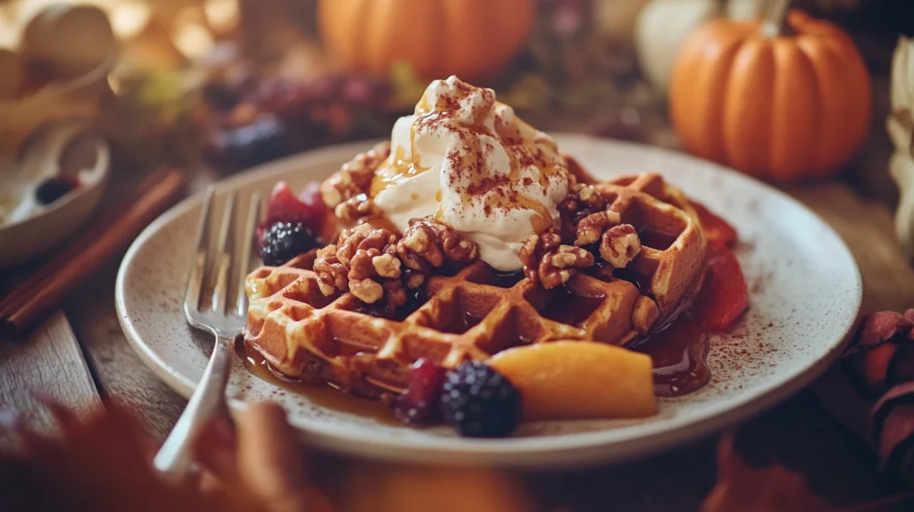 Plated pumpkin pecan waffles topped with whipped cream, maple syrup, and fresh fruit, styled with fall décor.