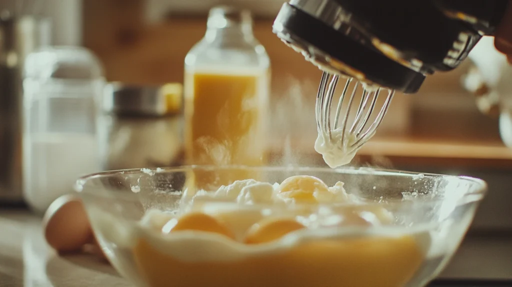 Whipped egg whites forming stiff peaks in a glass bowl, with kitchen ingredients blurred in the background