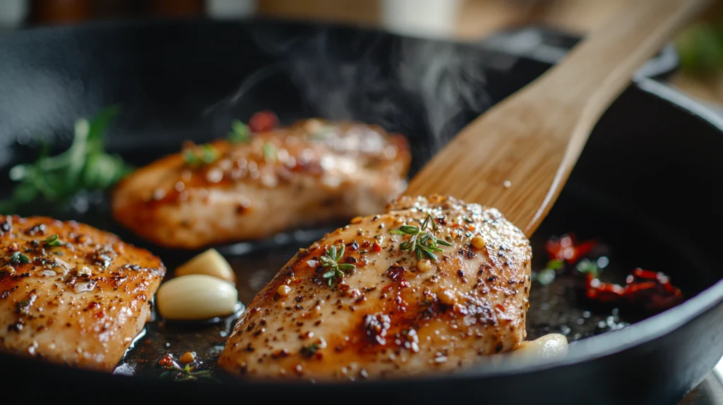 Chicken breasts seasoned with paprika and oregano searing in a skillet with garlic and sun-dried tomatoes on the side.